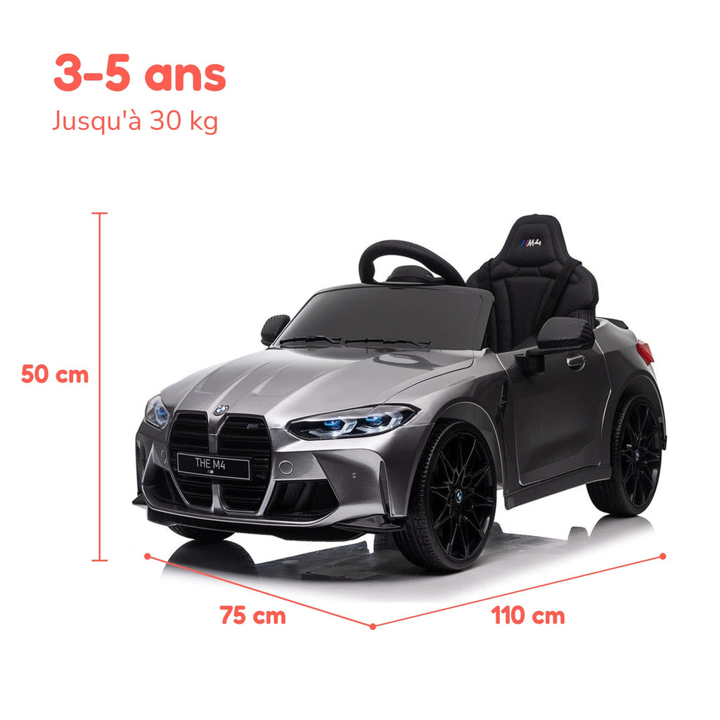 Dimensions de la BMW M4 enfant : 110 × 75 × 50 cm, de 3 à 5 ans, jusqu'à 30 kg
