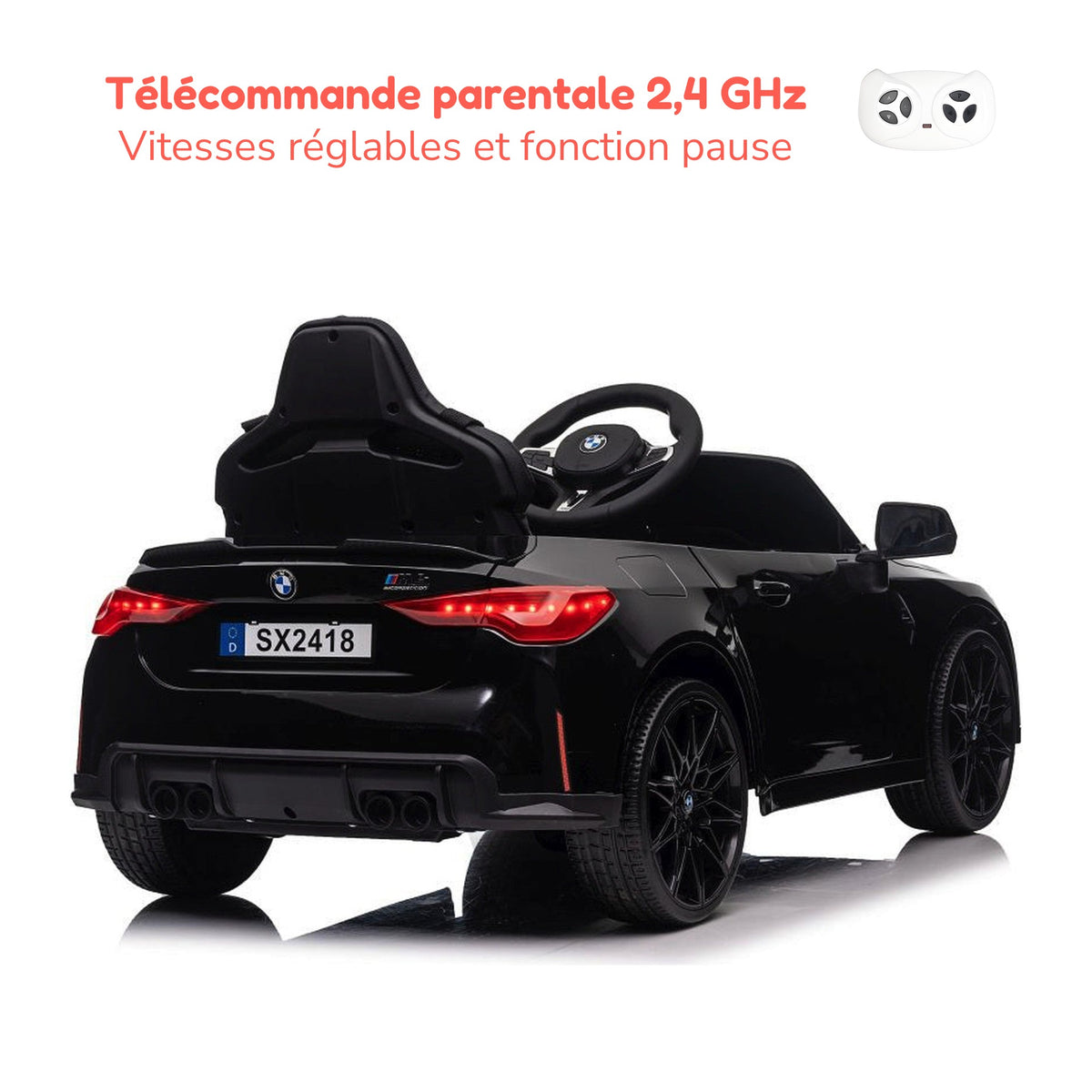 Télécommande parentale 2,4 GHz de la BMW M4 enfant, vitesses réglables et fonction pause