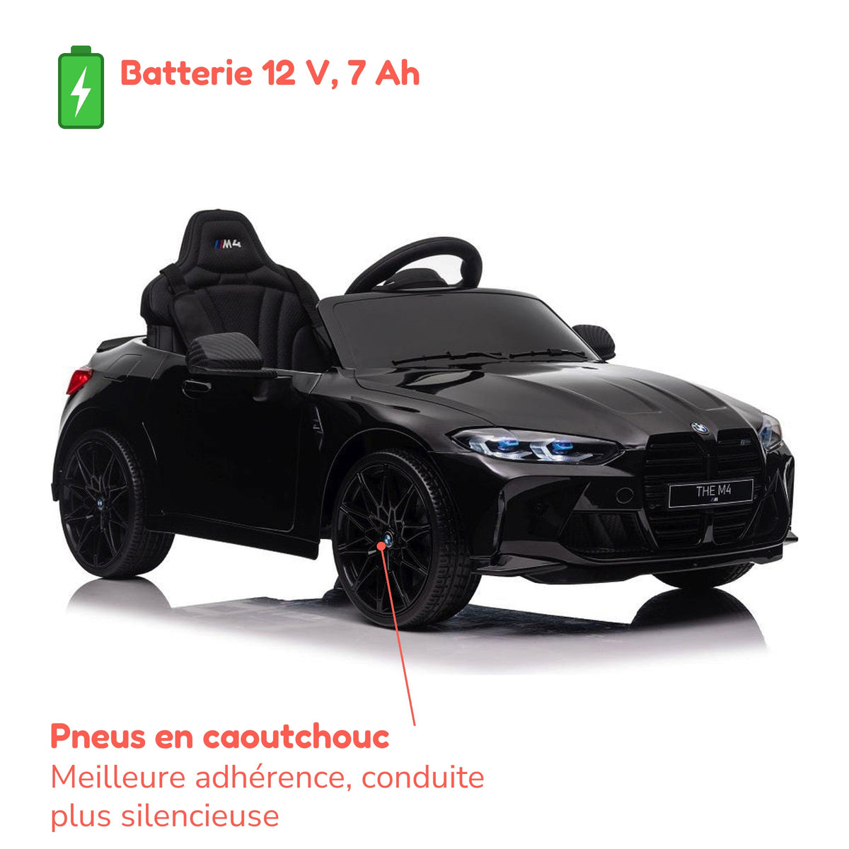 Batterie 12 V 7 Ah et pneus en caoutchouc de la BMW M4 enfant