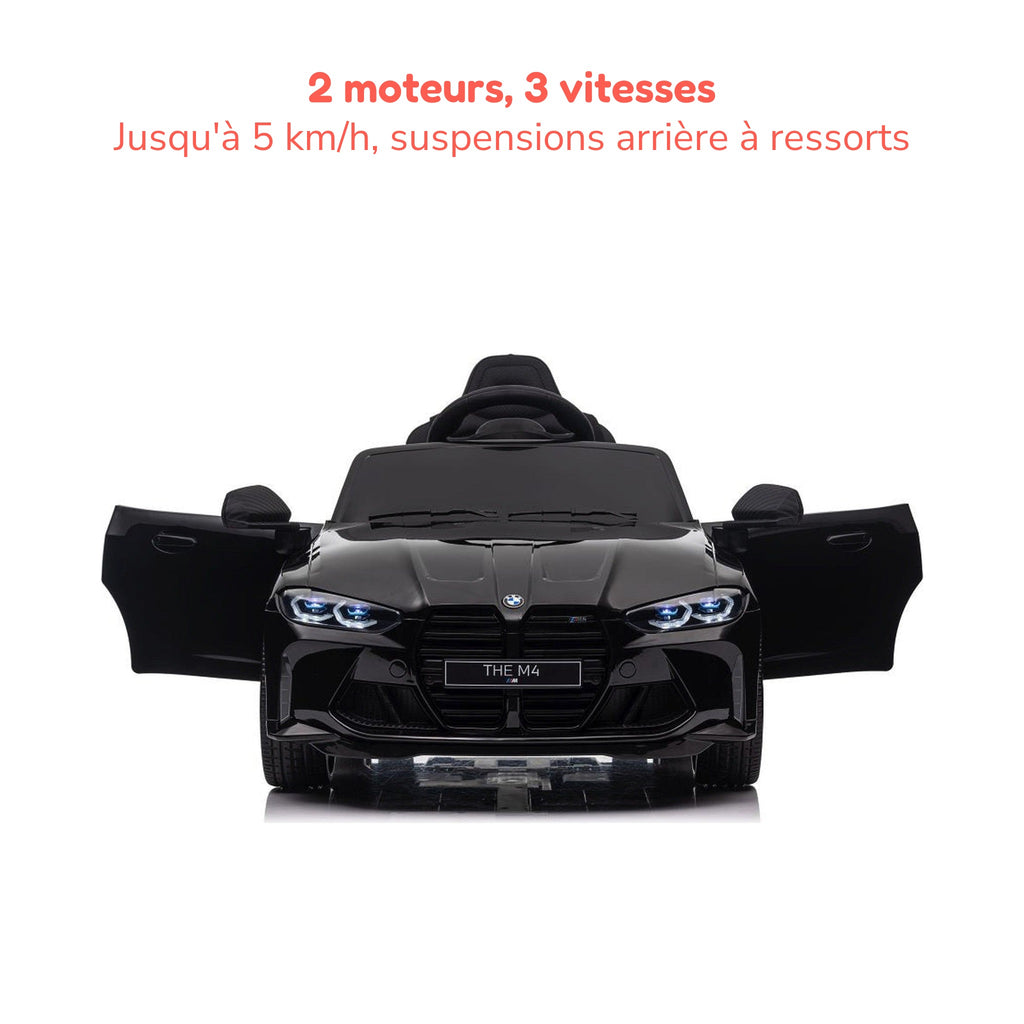 BMW M4 noire enfant portes ouvertes, 2 moteurs, 3 vitesses jusqu'à 5 km/h, suspensions arrière à ressorts