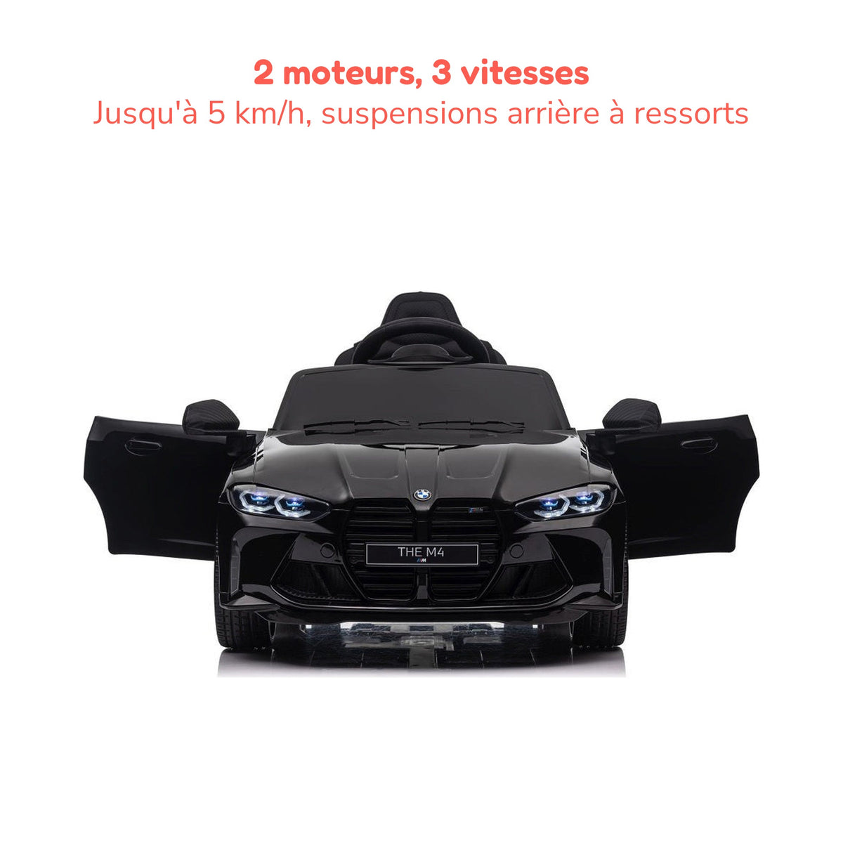 BMW M4 noire enfant portes ouvertes, 2 moteurs, 3 vitesses jusqu'à 5 km/h, suspensions arrière à ressorts