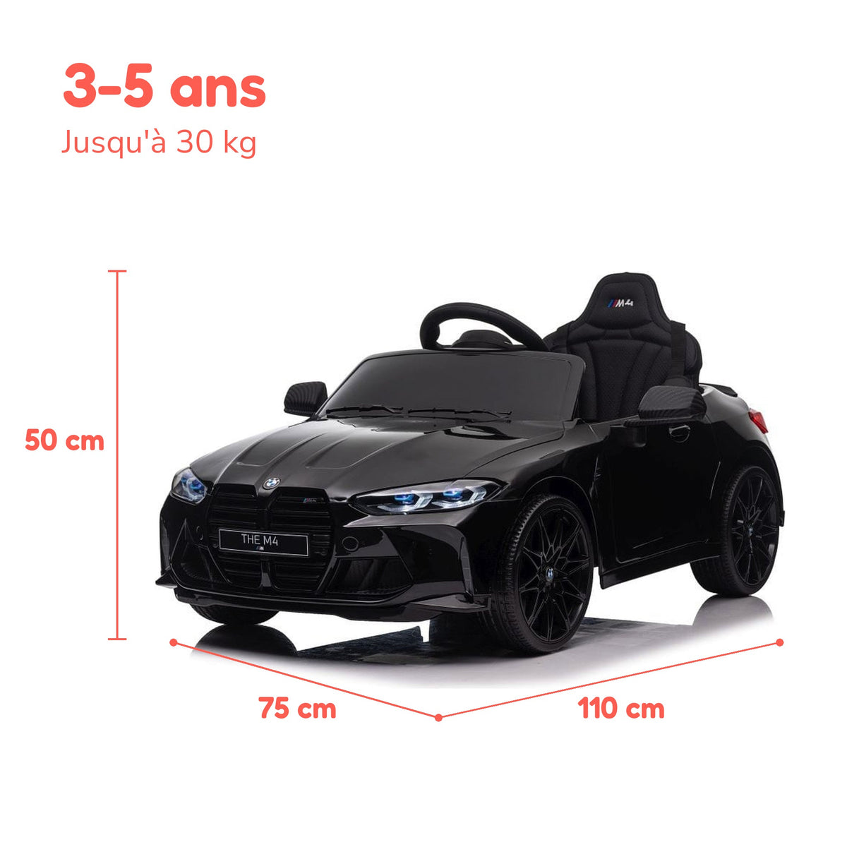 Dimensions de la BMW M4 enfant : 110 × 75 × 50 cm, de 3 à 5 ans, jusqu'à 30 kg