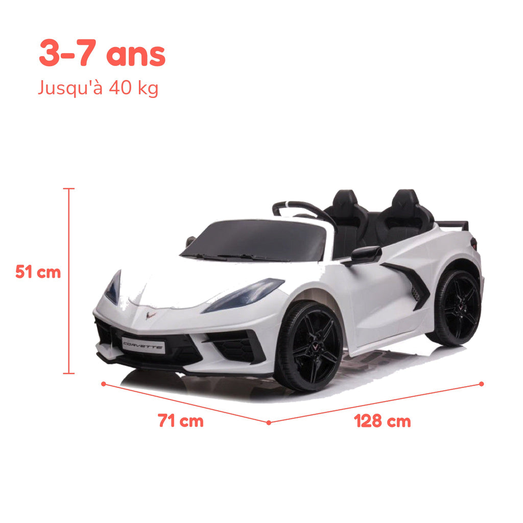 Dimensions de la Chevrolet Corvette enfant : 128 × 71 × 51 cm, de 3 à 7 ans, jusqu'à 40 kg