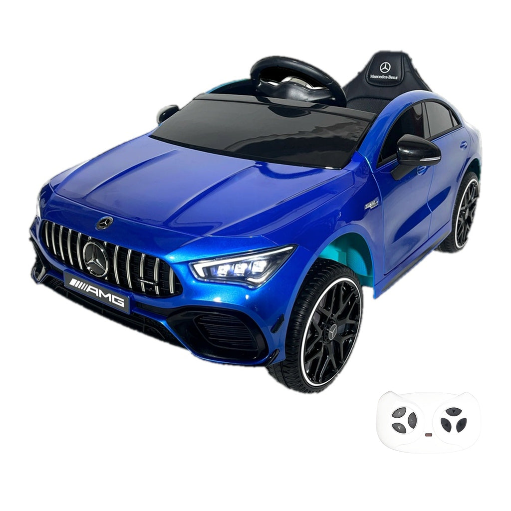 Mercedes-Benz CLA 45 S AMG bleue, voiture électrique enfant, avec sa télécommande