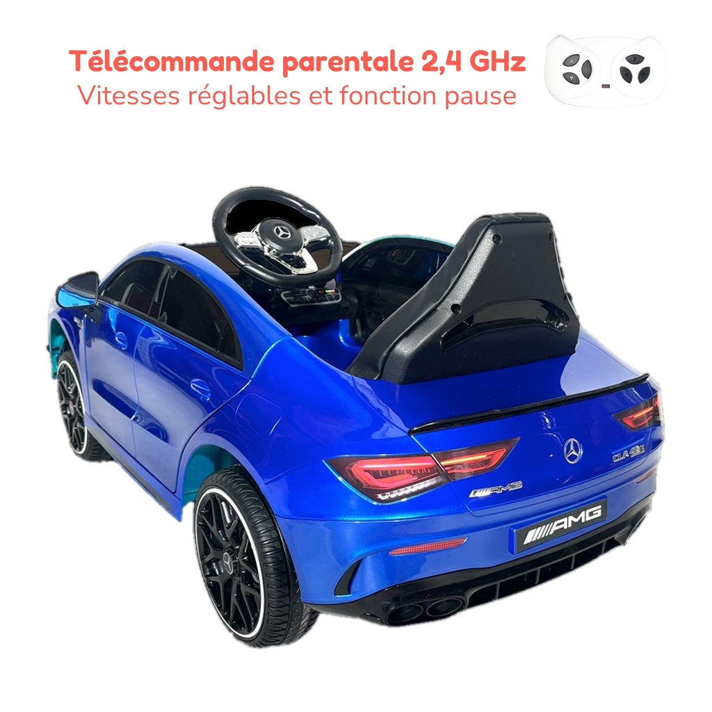 Télécommande parentale 2,4 GHz de la Mercedes-Benz CLA 45 S AMG enfant, vitesses réglables et fonction pause