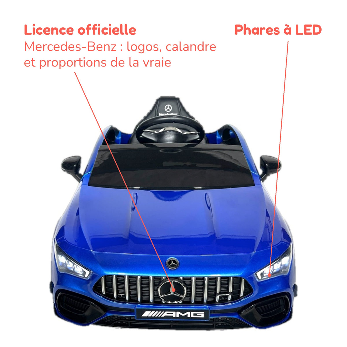 Mercedes-Benz CLA 45 S AMG bleue enfant sous licence officielle, phares à LED