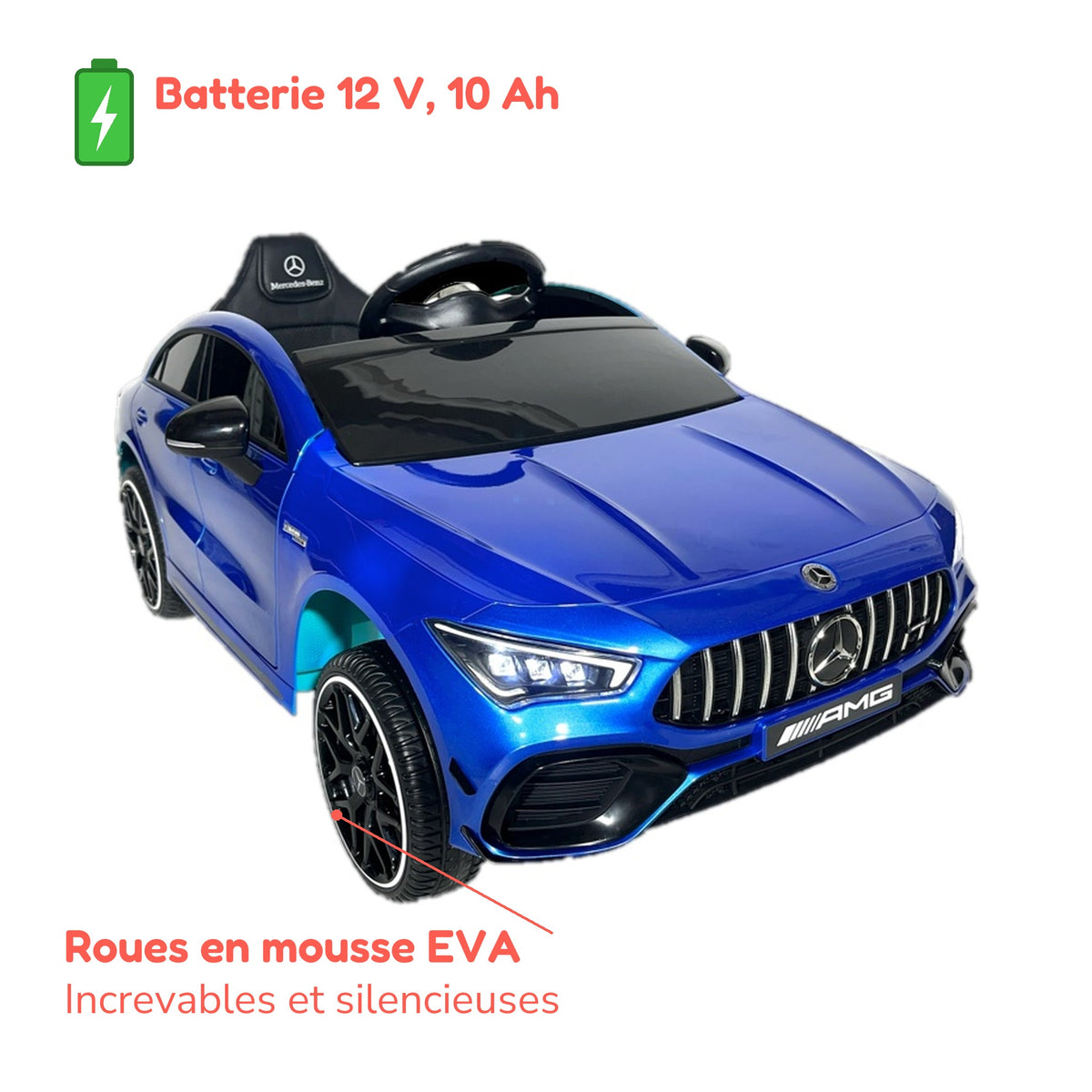 Batterie et roues en mousse EVA de la Mercedes-Benz CLA 45 S AMG enfant bleue