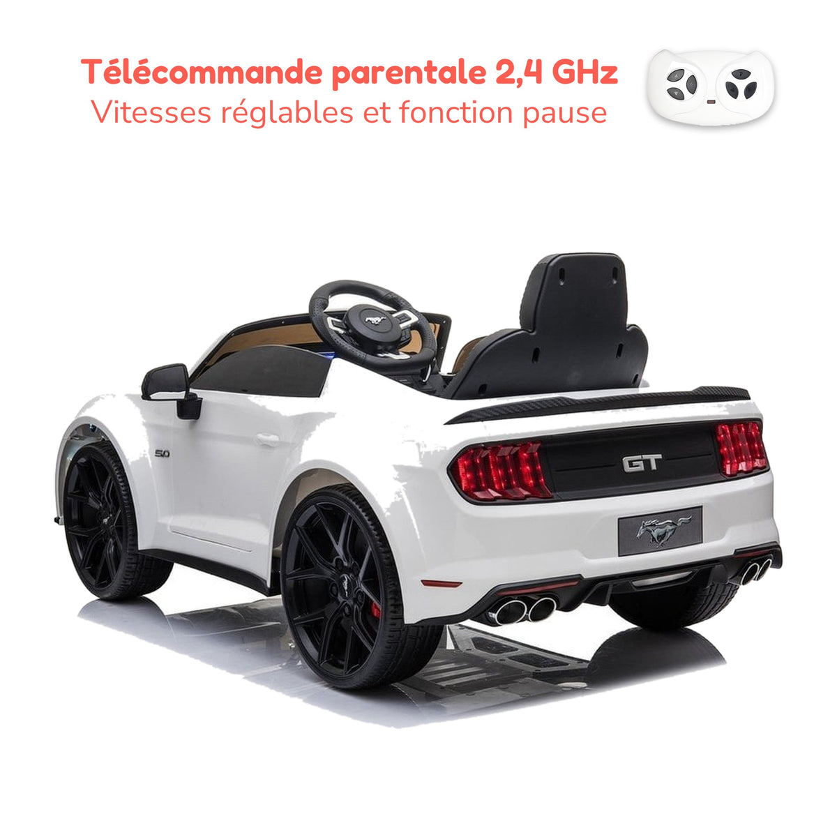 Télécommande parentale 2,4 GHz de la Ford Mustang enfant, vitesses réglables et fonction pause