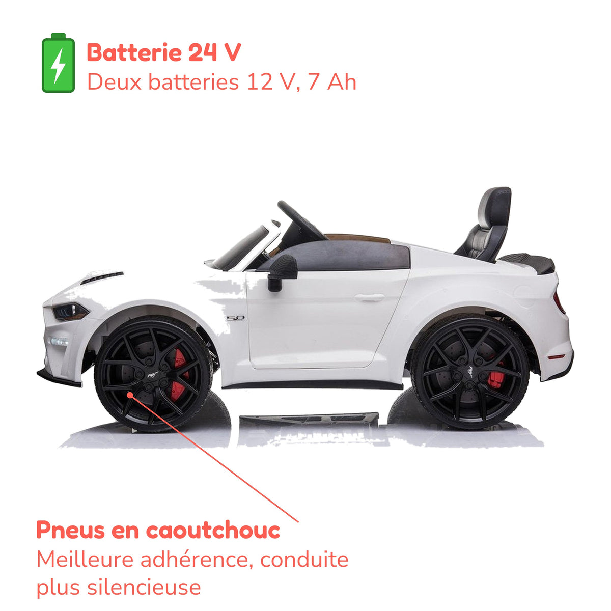 Batterie 24 V et pneus en caoutchouc de la Ford Mustang enfant
