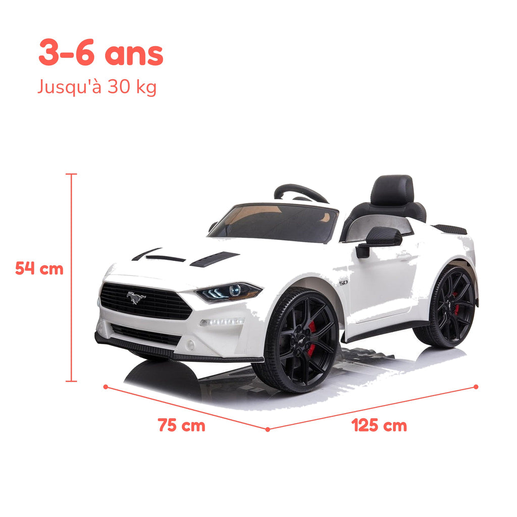 Dimensions de la Ford Mustang enfant : 125 × 75 × 54 cm, de 3 à 6 ans, jusqu'à 30 kg