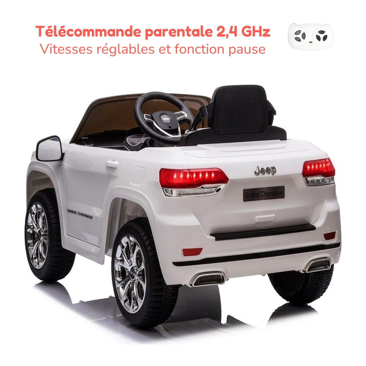 Télécommande parentale 2,4 GHz de la Jeep Grand Cherokee enfant, vitesses réglables et fonction pause
