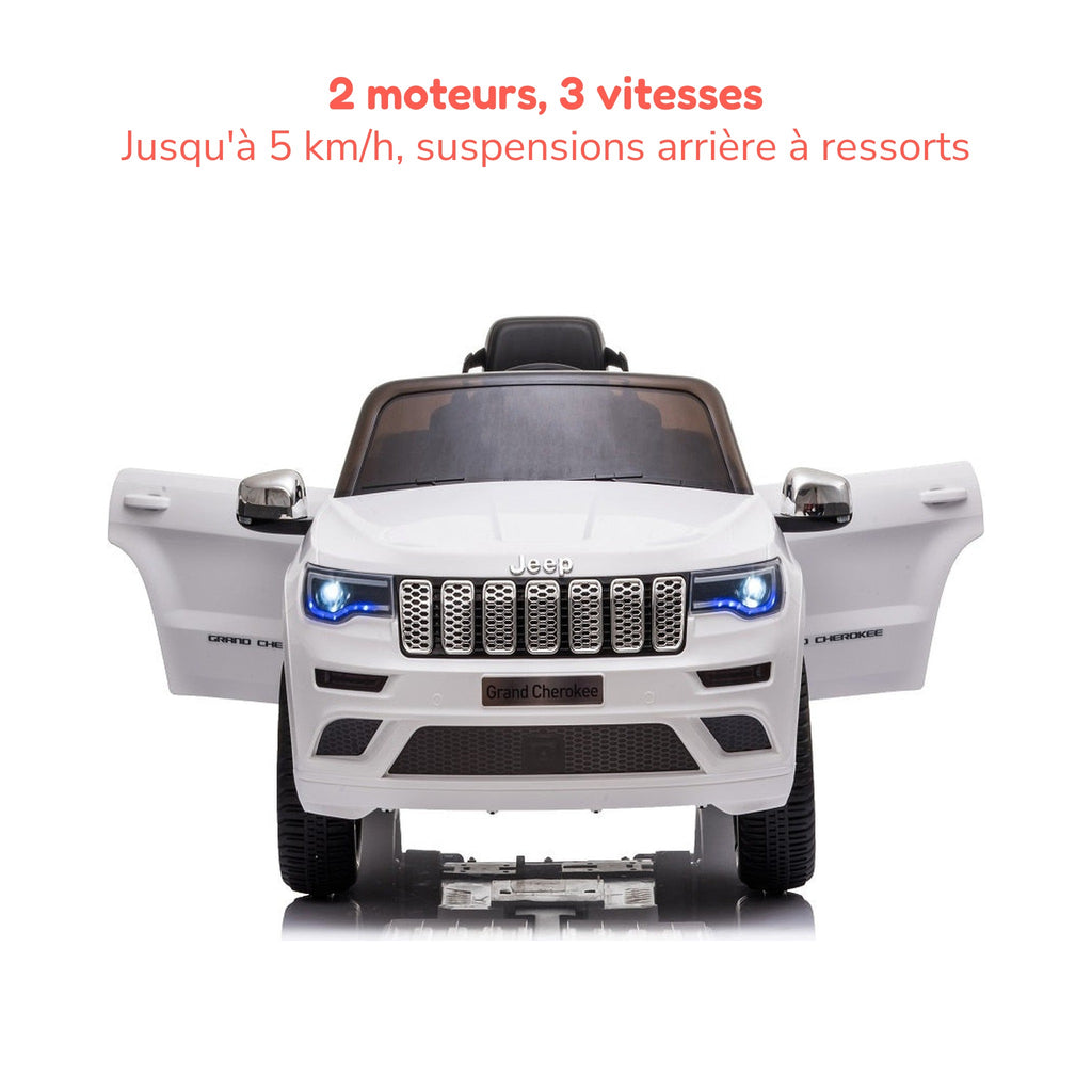 Jeep Grand Cherokee blanche enfant portes ouvertes, 2 moteurs, 3 vitesses jusqu'à 5 km/h, suspensions arrière à ressorts