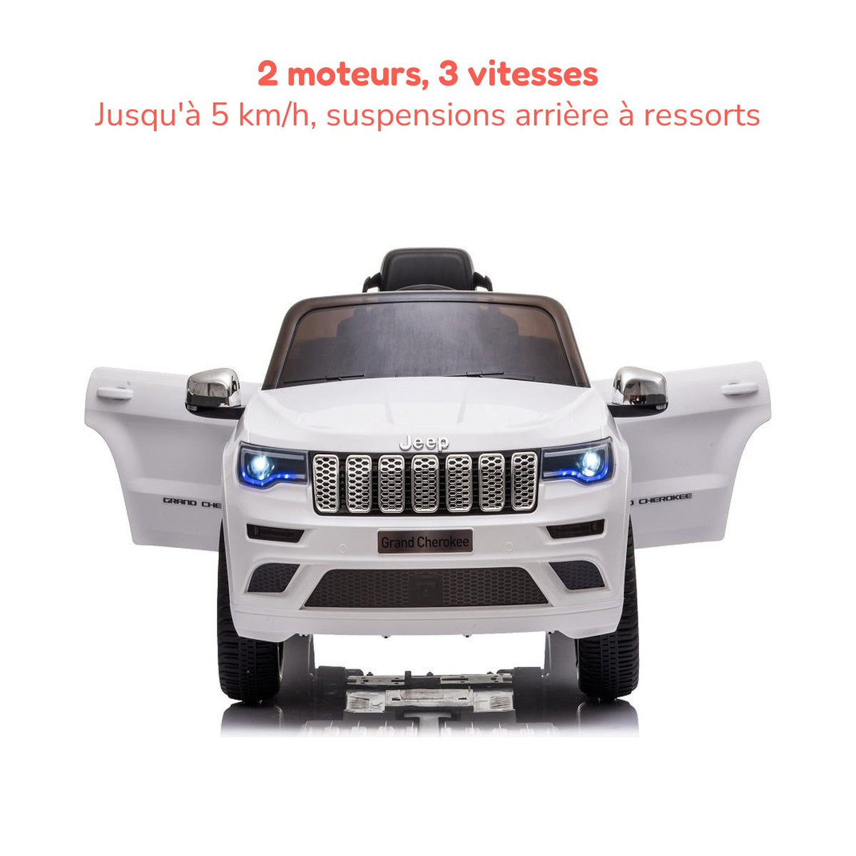 Jeep Grand Cherokee blanche enfant portes ouvertes, 2 moteurs, 3 vitesses jusqu'à 5 km/h, suspensions arrière à ressorts