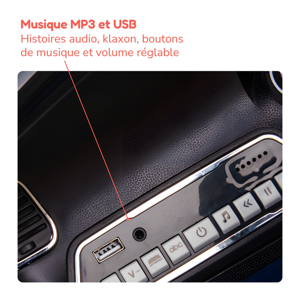 Tableau de bord de la Jeep Grand Cherokee enfant : musique MP3 et USB, histoires audio
