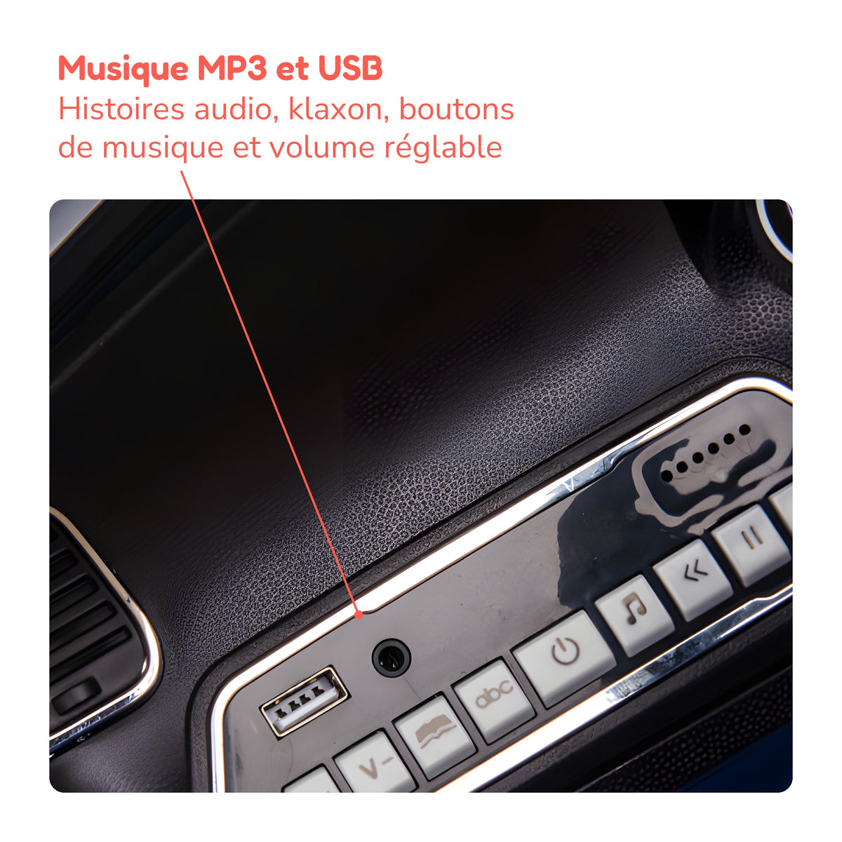Tableau de bord de la Jeep Grand Cherokee enfant : musique MP3 et USB, histoires audio