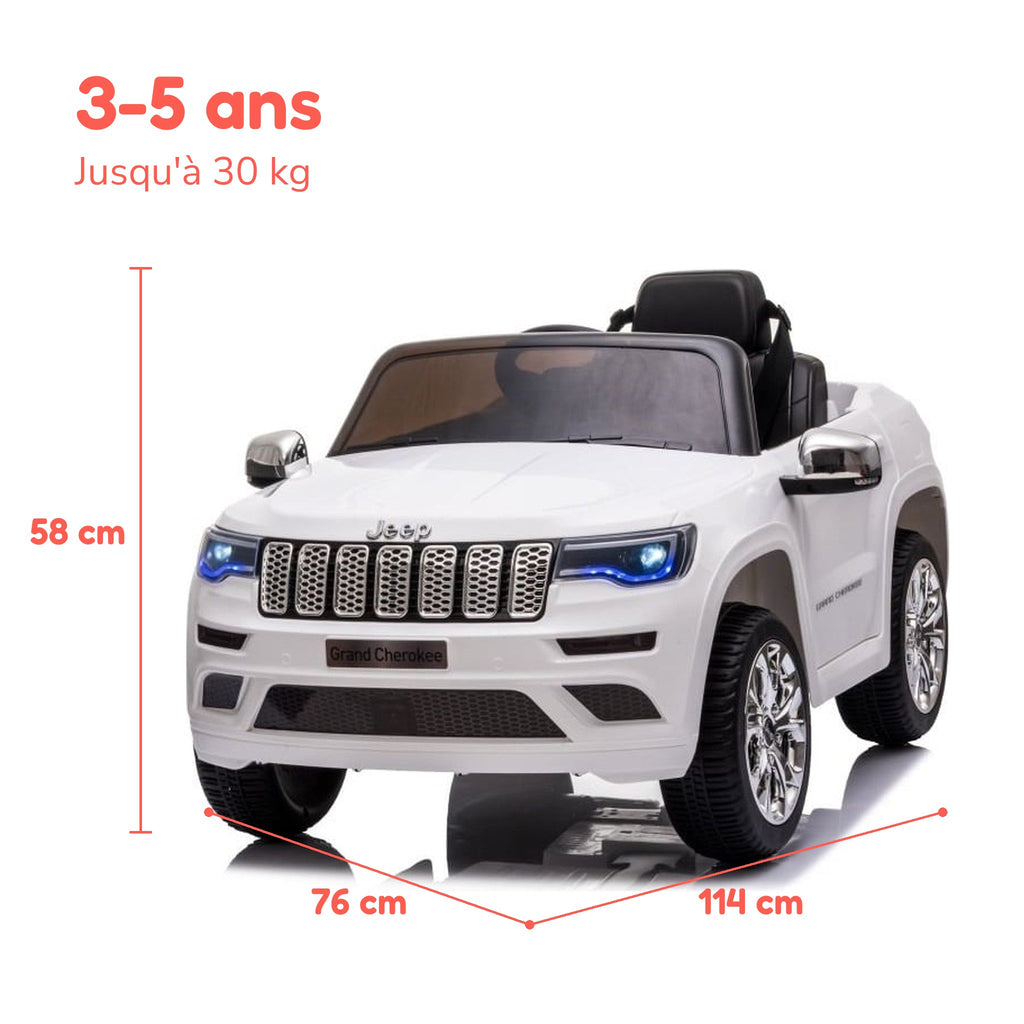 Dimensions de la Jeep Grand Cherokee enfant : 114 × 76 × 58 cm, de 3 à 5 ans, jusqu'à 30 kg