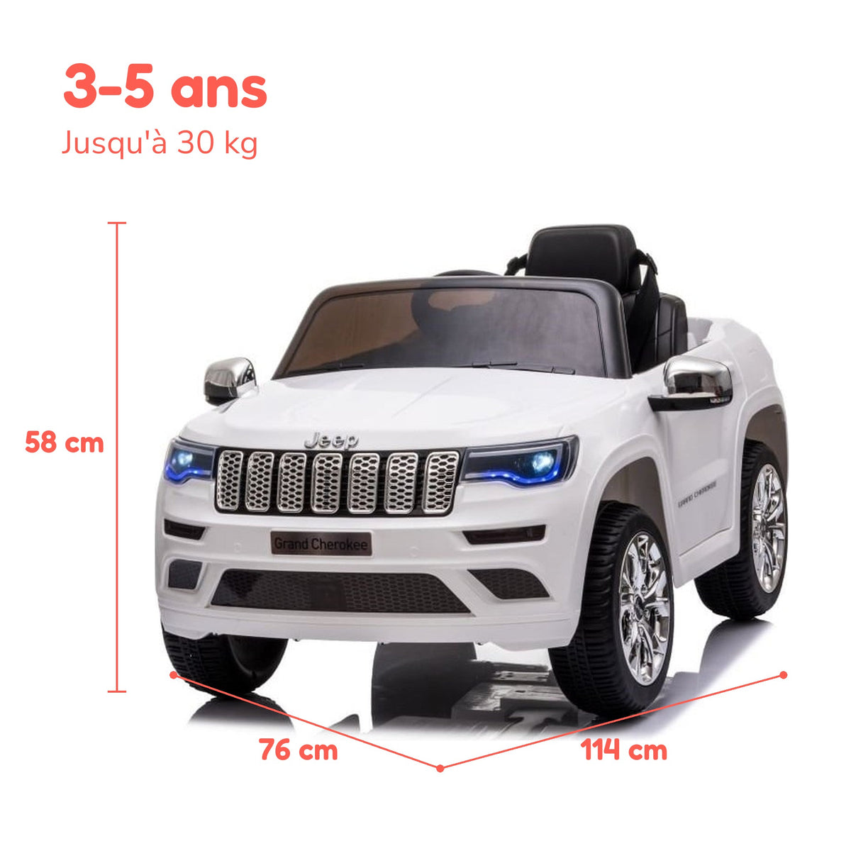 Dimensions de la Jeep Grand Cherokee enfant : 114 × 76 × 58 cm, de 3 à 5 ans, jusqu'à 30 kg