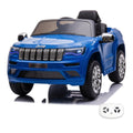 Jeep Grand Cherokee bleue, voiture électrique enfant 12V, vue trois quarts avant avec sa télécommande