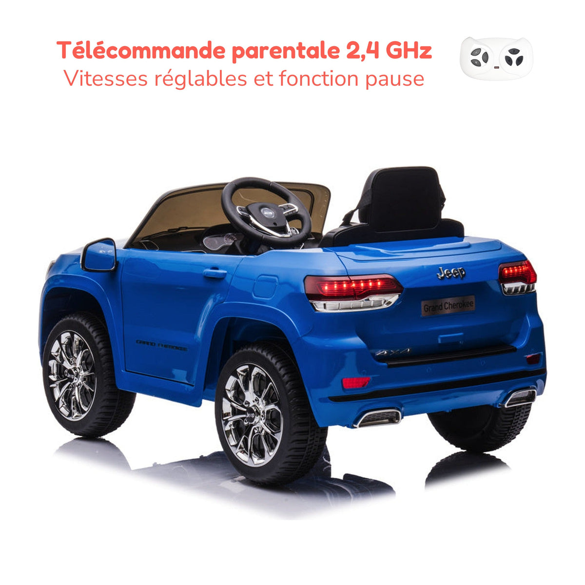 Télécommande parentale 2,4 GHz de la Jeep Grand Cherokee enfant, vitesses réglables et fonction pause
