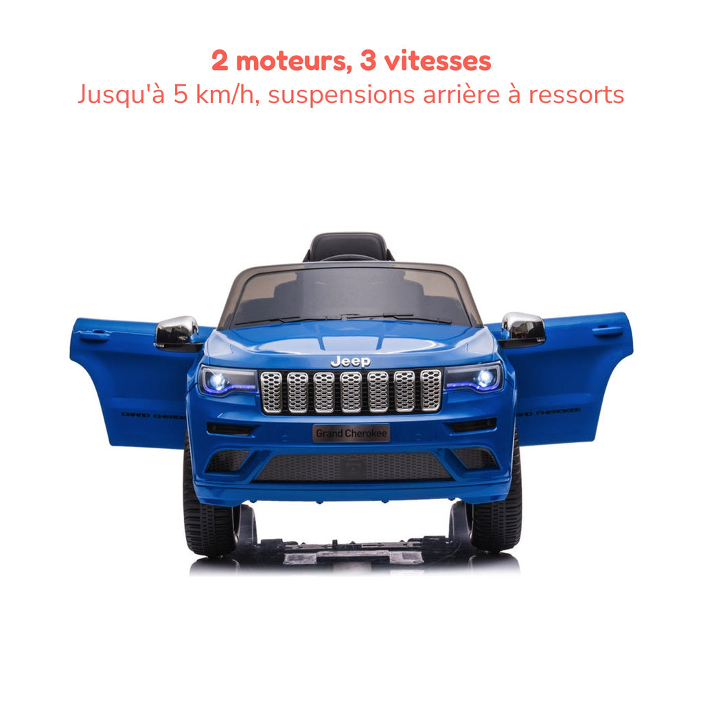 Jeep Grand Cherokee bleue enfant portes ouvertes, 2 moteurs, 3 vitesses jusqu'à 5 km/h, suspensions arrière à ressorts