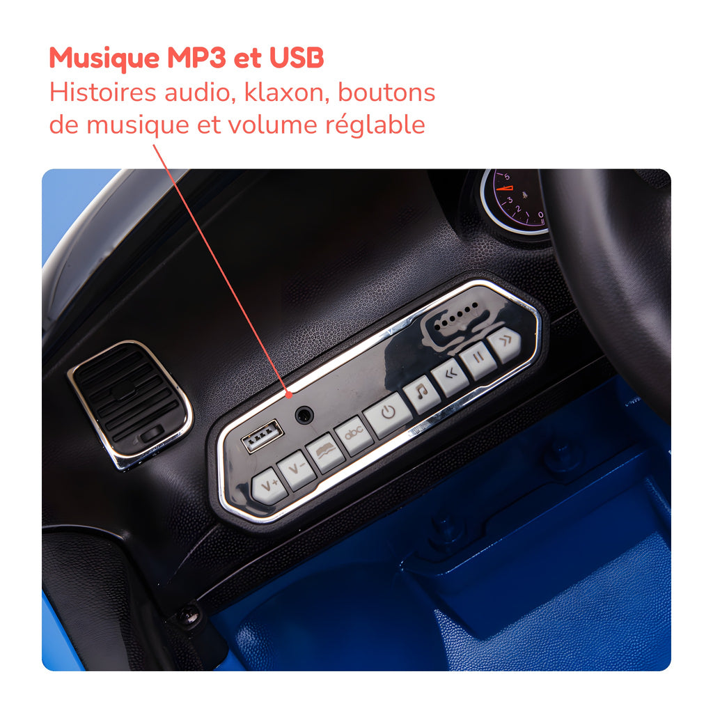 Tableau de bord de la Jeep Grand Cherokee enfant : musique MP3 et USB, histoires audio