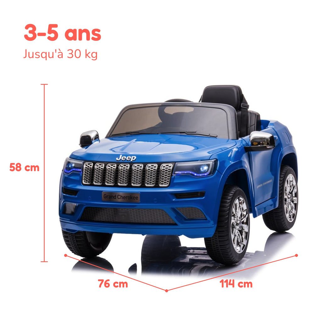 Dimensions de la Jeep Grand Cherokee enfant : 114 × 76 × 58 cm, de 3 à 5 ans, jusqu'à 30 kg