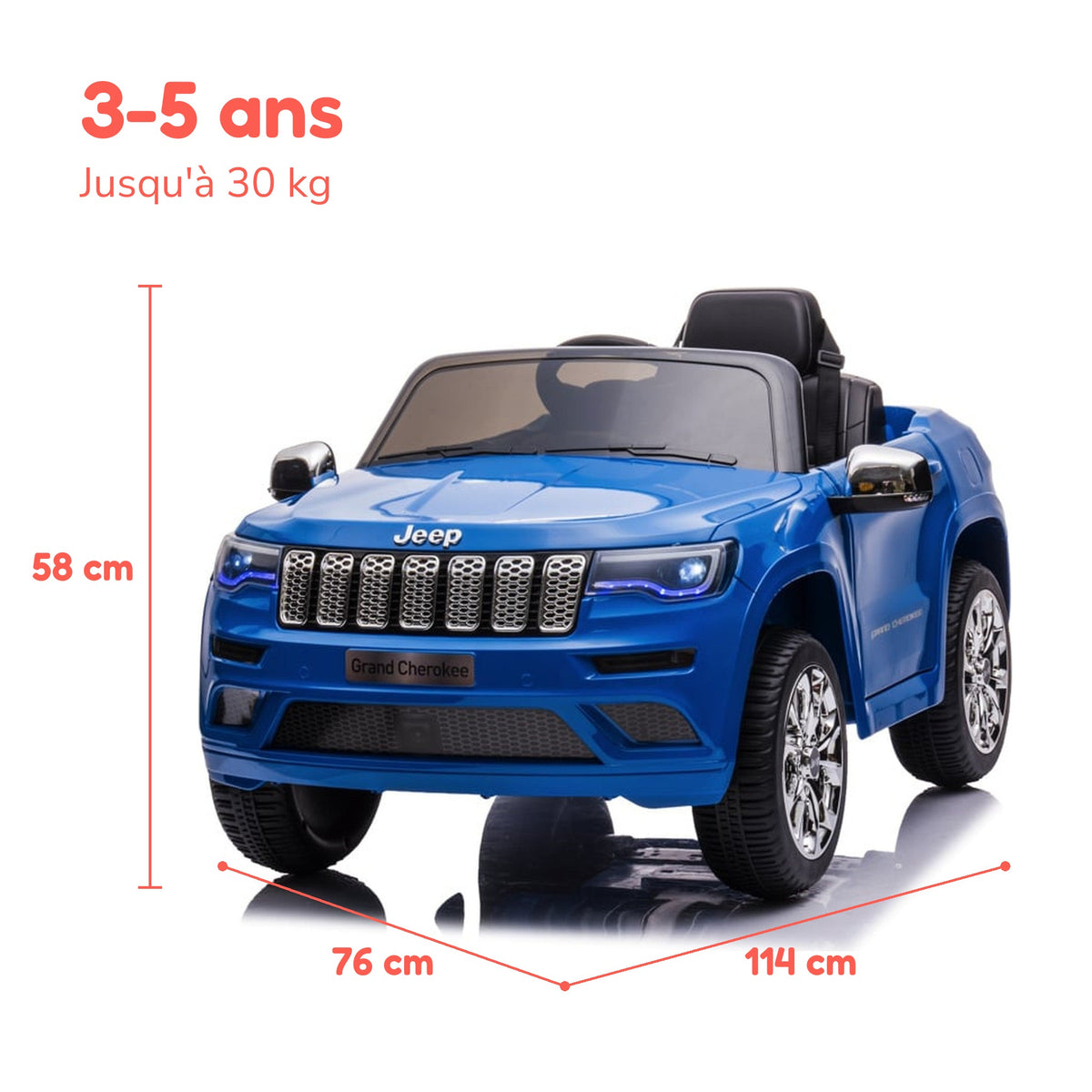 Dimensions de la Jeep Grand Cherokee enfant : 114 × 76 × 58 cm, de 3 à 5 ans, jusqu'à 30 kg