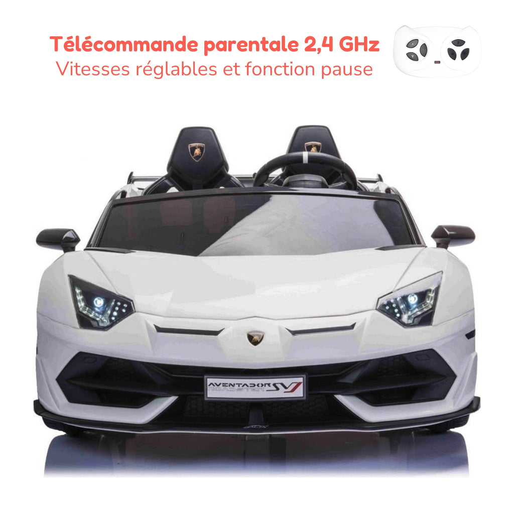 Télécommande parentale 2,4 GHz de la Lamborghini Aventador enfant, vitesses réglables et fonction pause