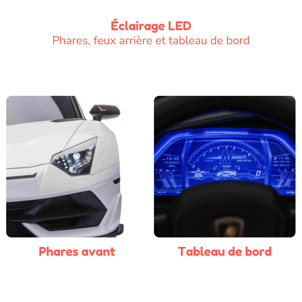 Phares avant et tableau de bord à LED de la Lamborghini Aventador enfant