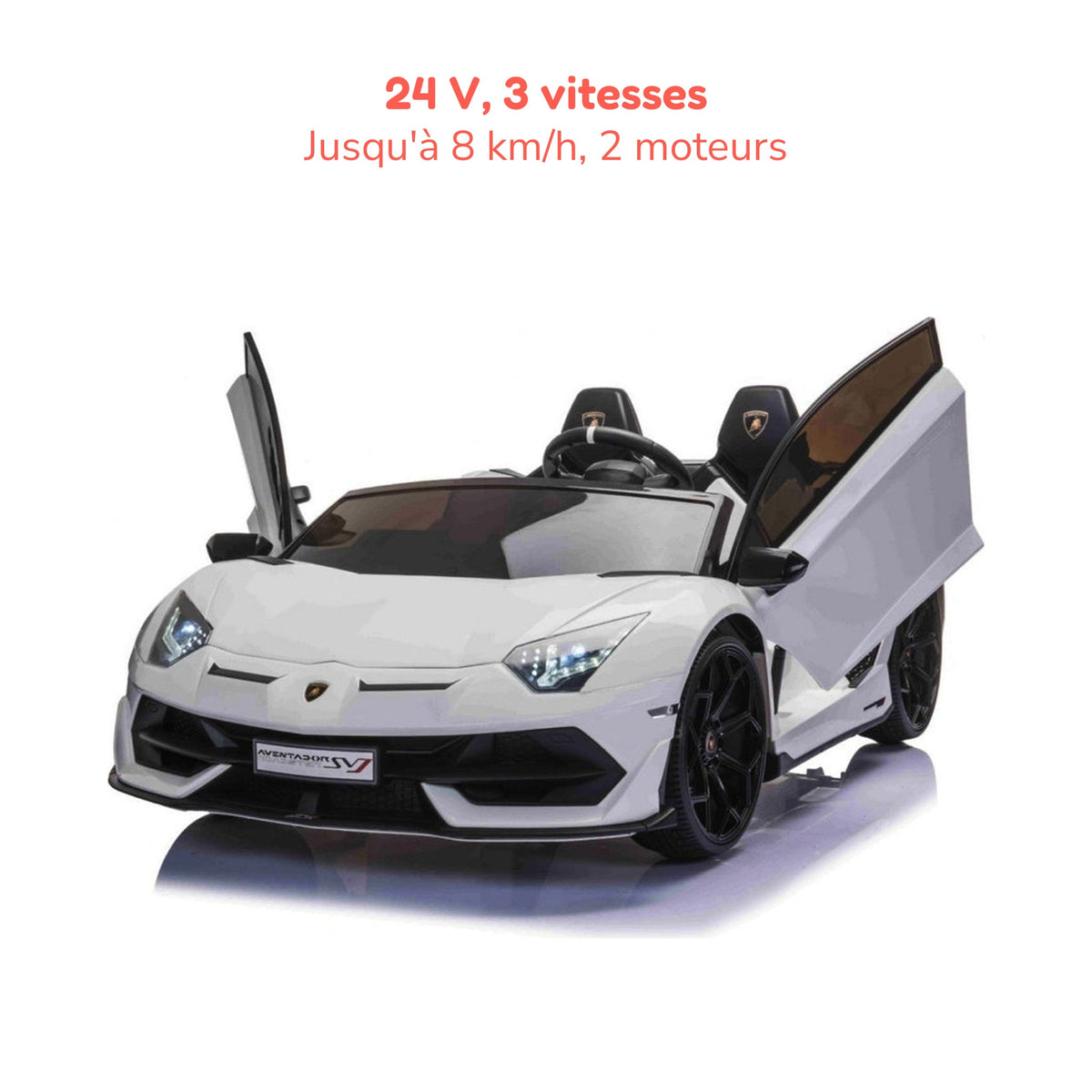 Lamborghini Aventador blanche enfant portes ouvertes : 24 V, 3 vitesses jusqu'à 8 km/h, 2 moteurs