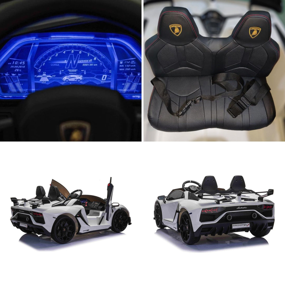 Détails de la Lamborghini Aventador enfant : tableau de bord, commandes, sièges et portes