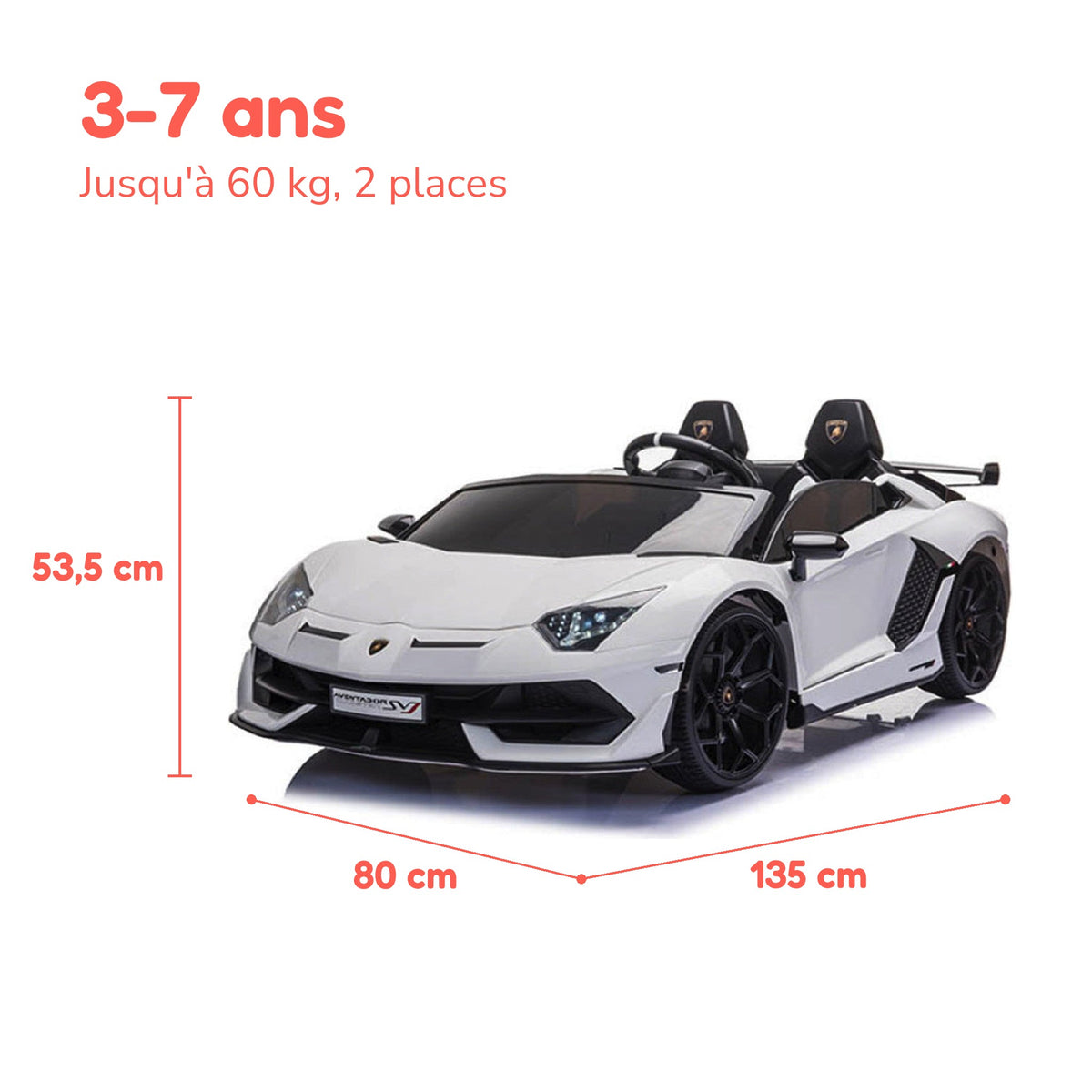 Dimensions de la Lamborghini Aventador enfant : 135 × 80 × 53,5 cm, de 3 à 7 ans, jusqu'à 60 kg