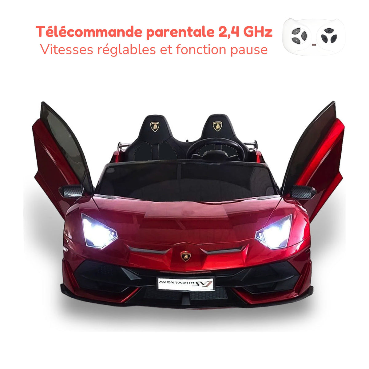 Télécommande parentale 2,4 GHz de la Lamborghini Aventador enfant, vitesses réglables et fonction pause