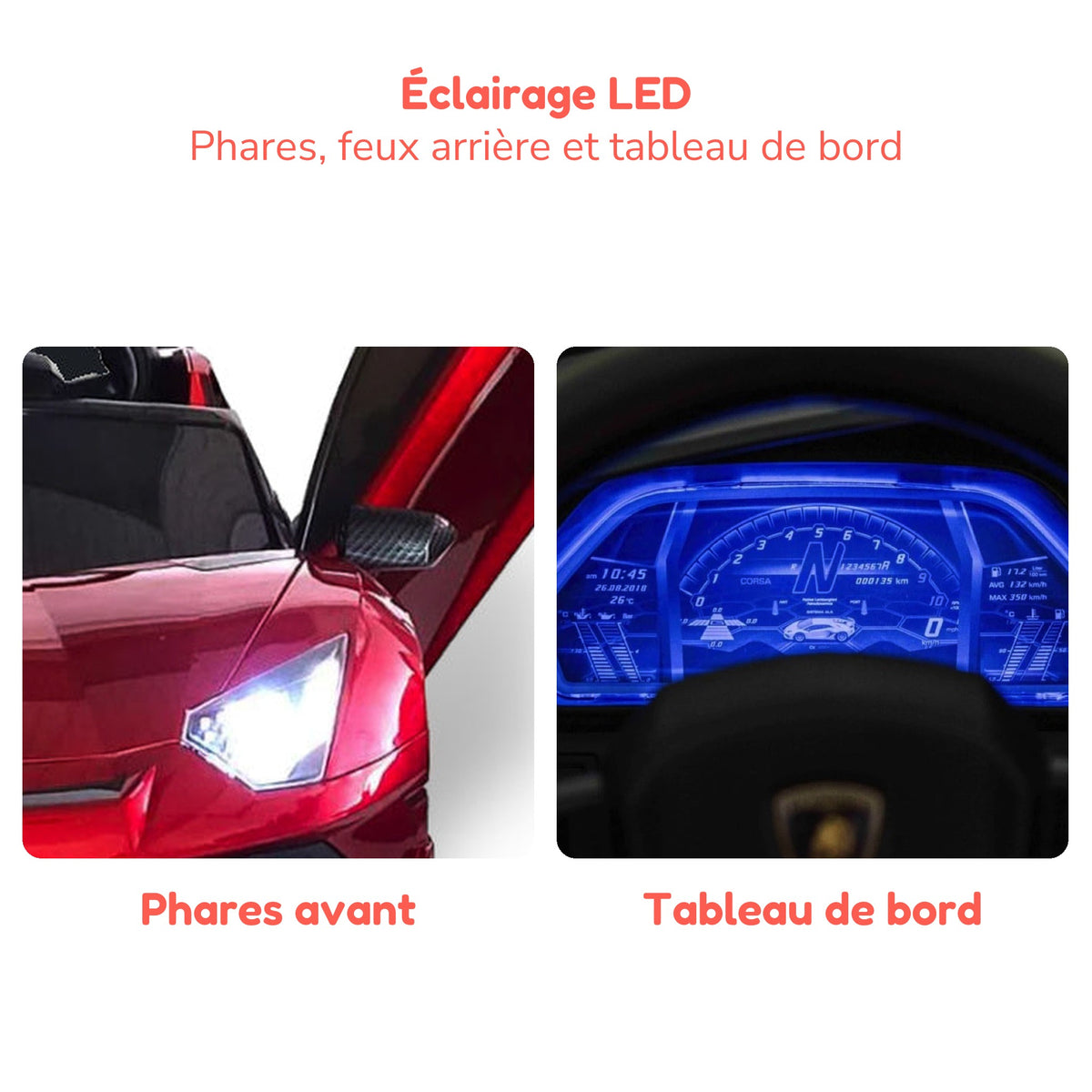 Phares avant et tableau de bord à LED de la Lamborghini Aventador enfant
