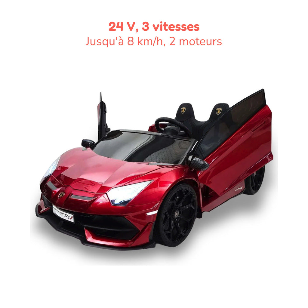 Lamborghini Aventador rouge enfant portes ouvertes : 24 V, 3 vitesses jusqu'à 8 km/h, 2 moteurs