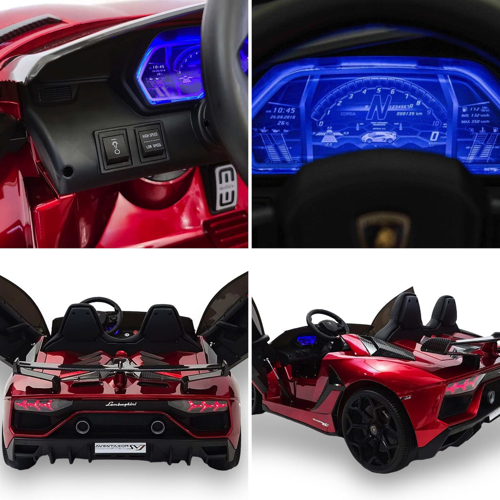 Détails de la Lamborghini Aventador enfant : tableau de bord, commandes, sièges et portes