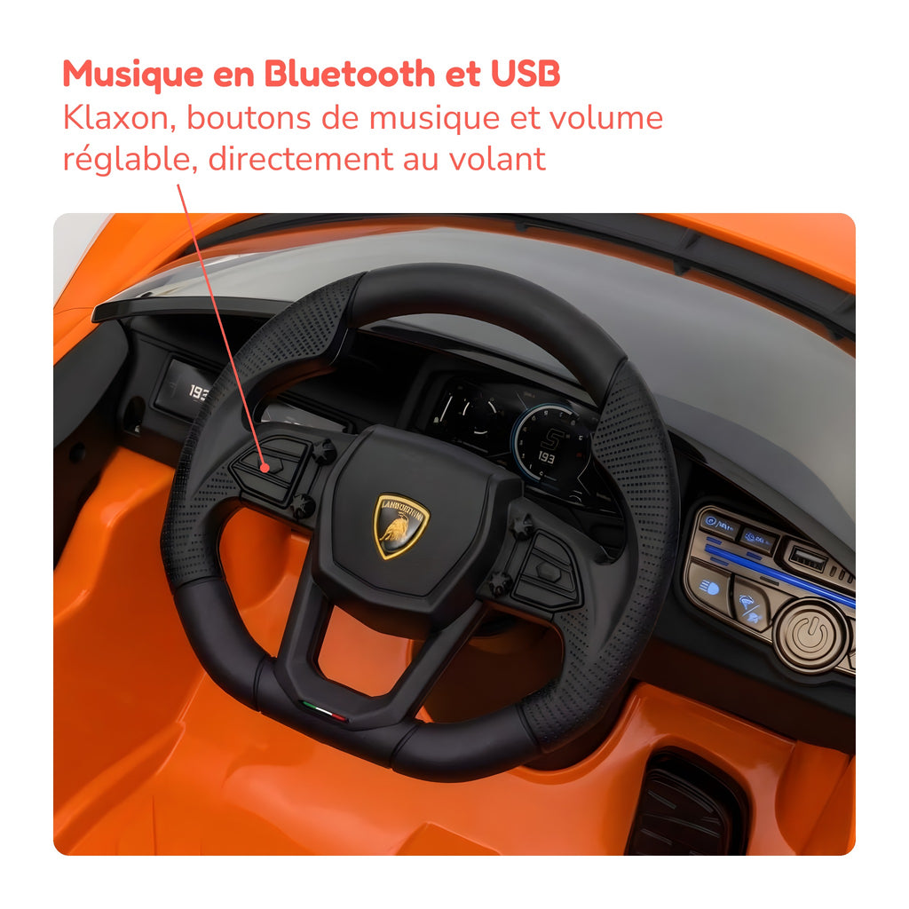 Volant de la Lamborghini Revuelto enfant avec boutons de musique, Bluetooth et USB