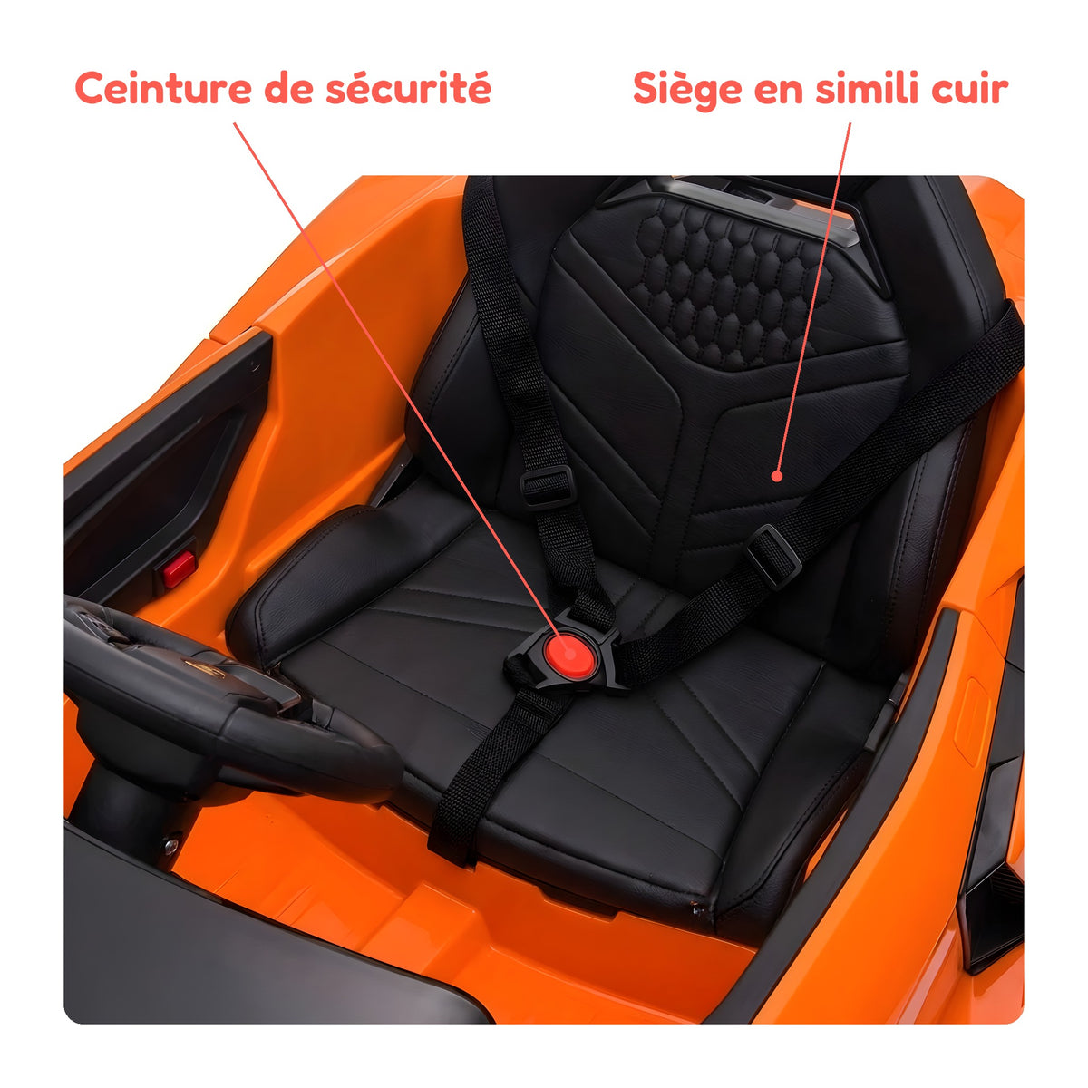 Siège en simili cuir et ceinture de sécurité de la Lamborghini Revuelto enfant
