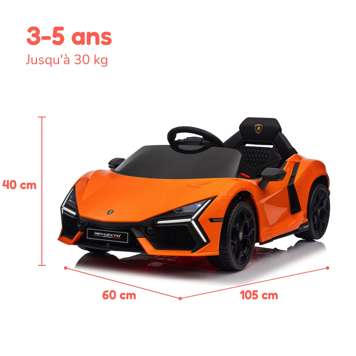 Dimensions de la Lamborghini Revuelto enfant : 105 × 60 × 40 cm, de 3 à 5 ans, jusqu'à 30 kg