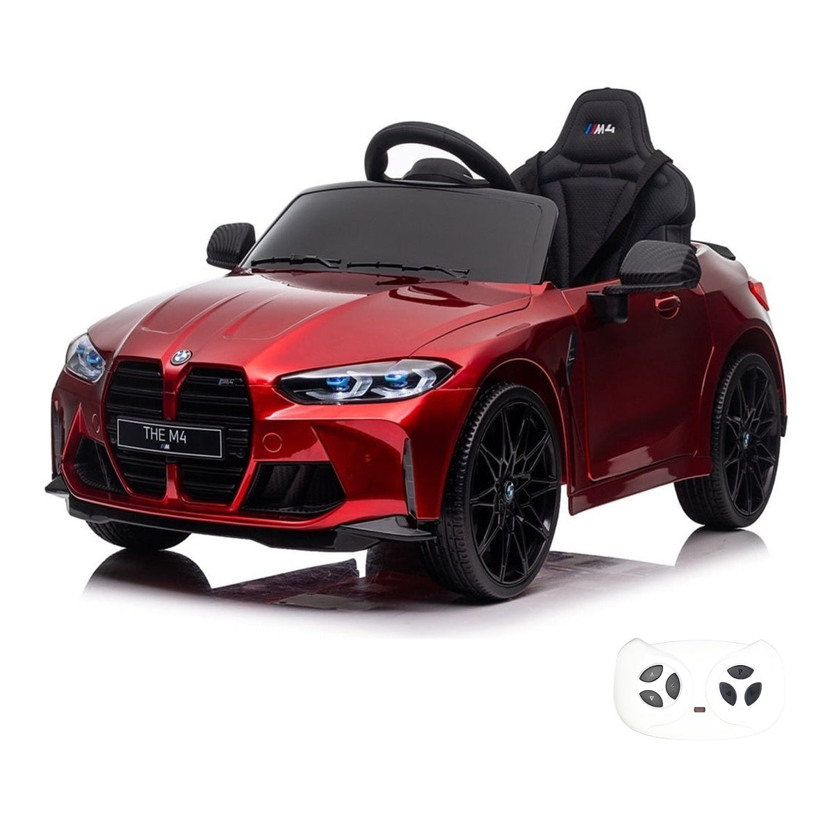 BMW M4 rouge, voiture électrique enfant, avec sa télécommande