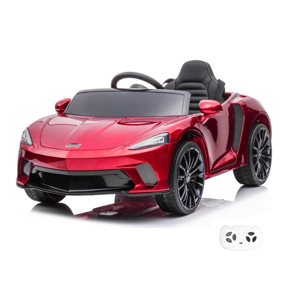 McLaren 620 GT rouge, voiture électrique enfant 12V, vue trois quarts avant avec sa télécommande