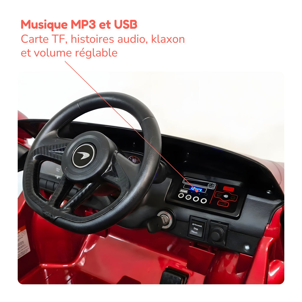 Tableau de bord de la McLaren 620 GT enfant : musique MP3 et USB, carte TF, histoires audio