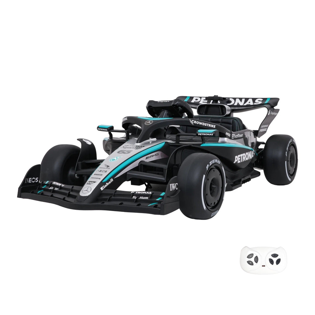 Mercedes-AMG Petronas F1 électrique pour enfant 12V, vue trois quarts avant avec sa télécommande