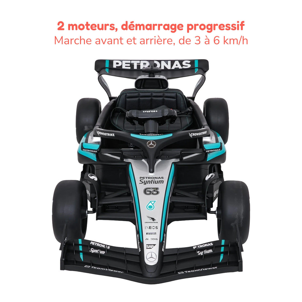 F1 enfant de face : 2 moteurs, démarrage progressif, marche avant et arrière de 3 à 6 km/h