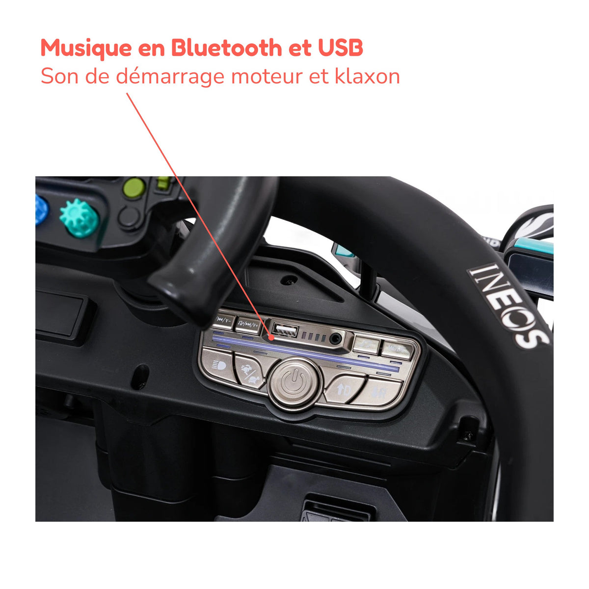 Musique en Bluetooth et USB, son de démarrage moteur et klaxon de la F1 enfant