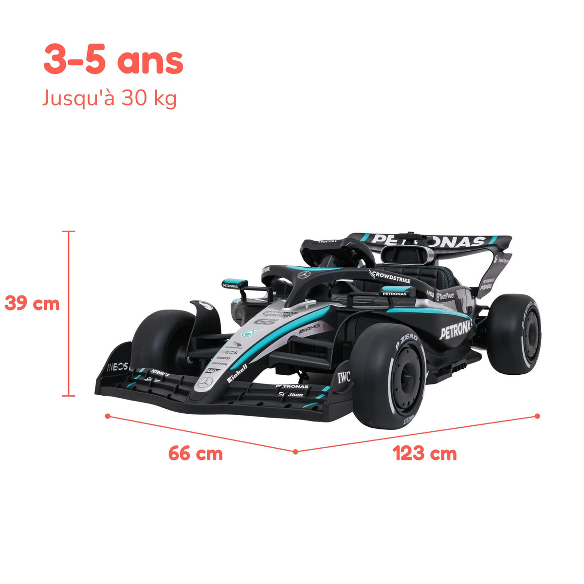 Dimensions de la F1 enfant : 123 × 66 × 39 cm, de 3 à 5 ans, jusqu'à 30 kg