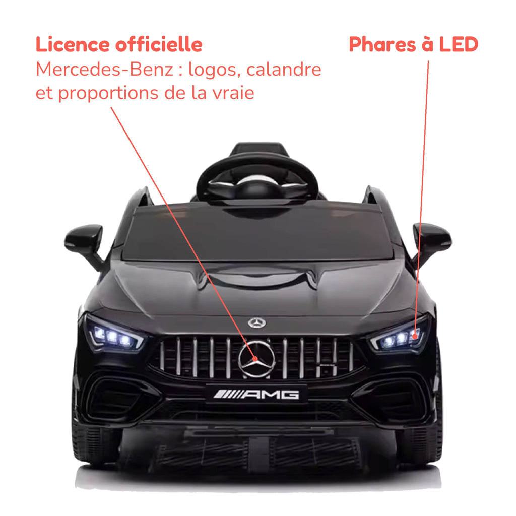 Mercedes CLA 45 S AMG noire enfant sous licence officielle Mercedes-Benz, phares à LED
