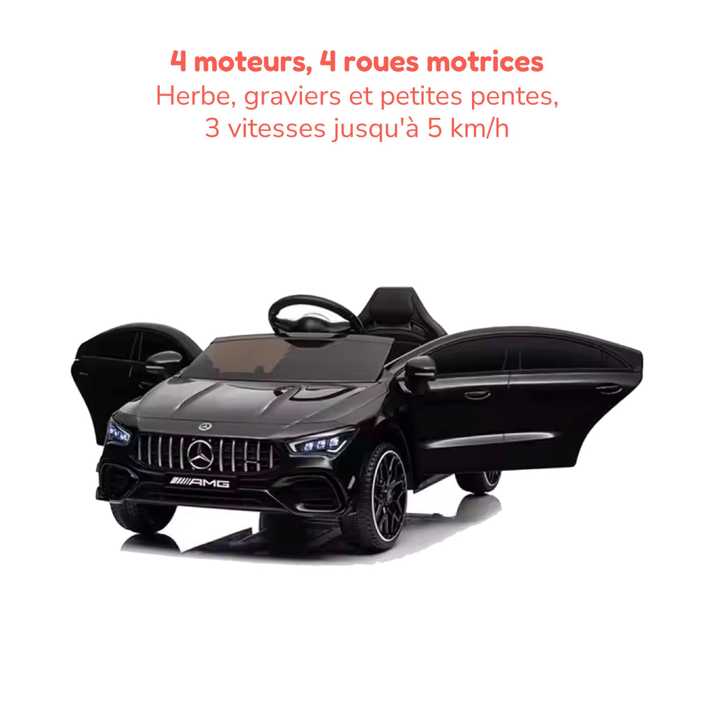 Mercedes CLA 45 S AMG noire enfant, 4 moteurs, 4 roues motrices, 3 vitesses jusqu'à 5 km/h