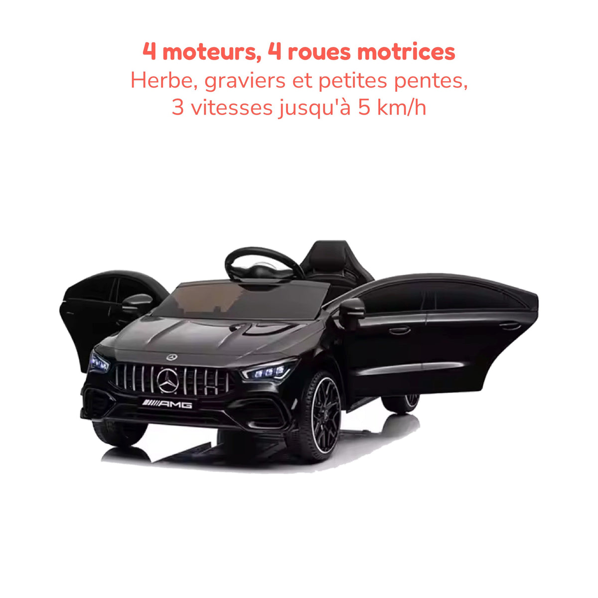 Mercedes CLA 45 S AMG noire enfant, 4 moteurs, 4 roues motrices, 3 vitesses jusqu'à 5 km/h