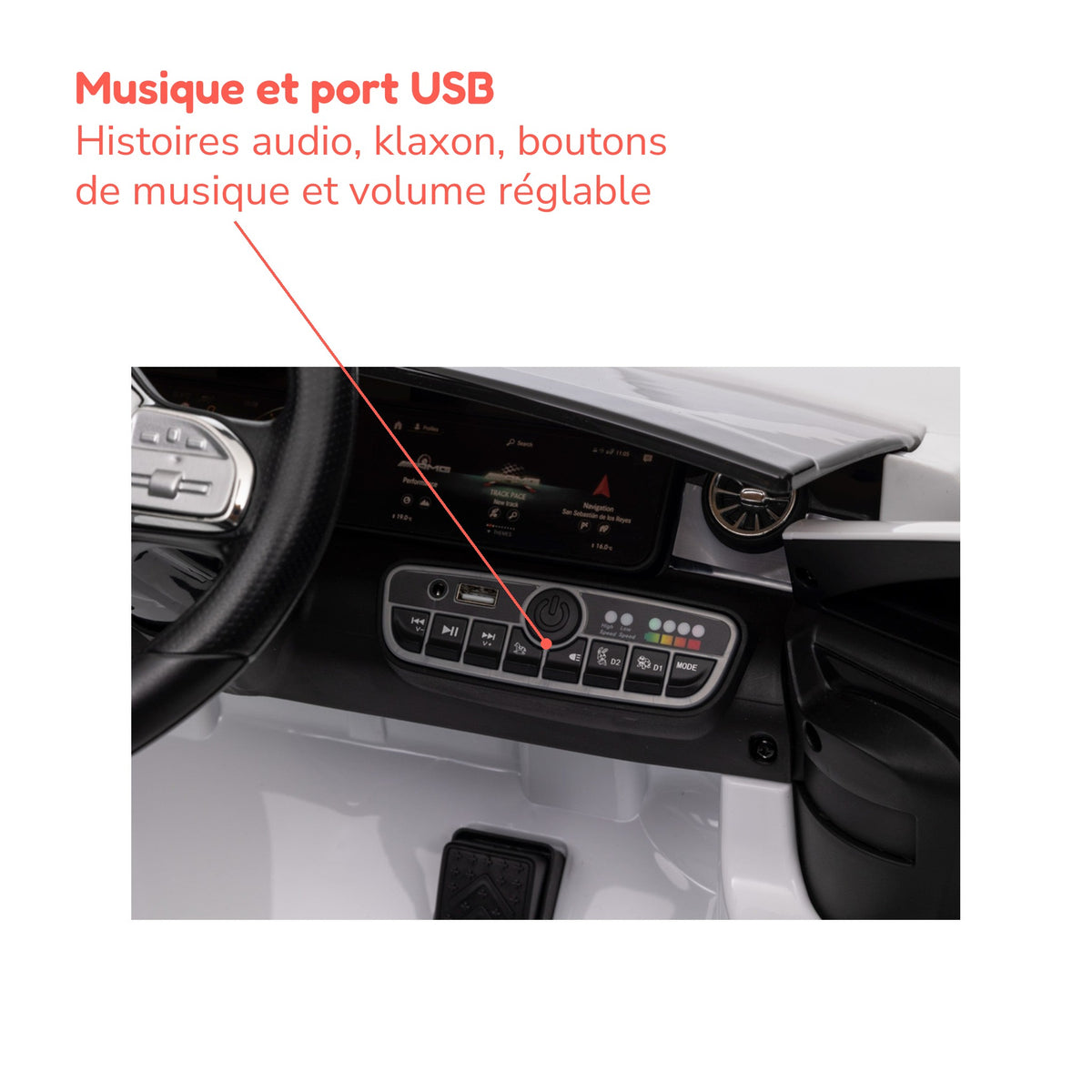 Tableau de bord de la Mercedes CLA 45 S AMG enfant : musique et port USB, histoires audio